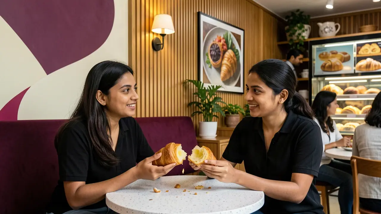 Indian customers sharing a laminated pastry in a decorated café concept