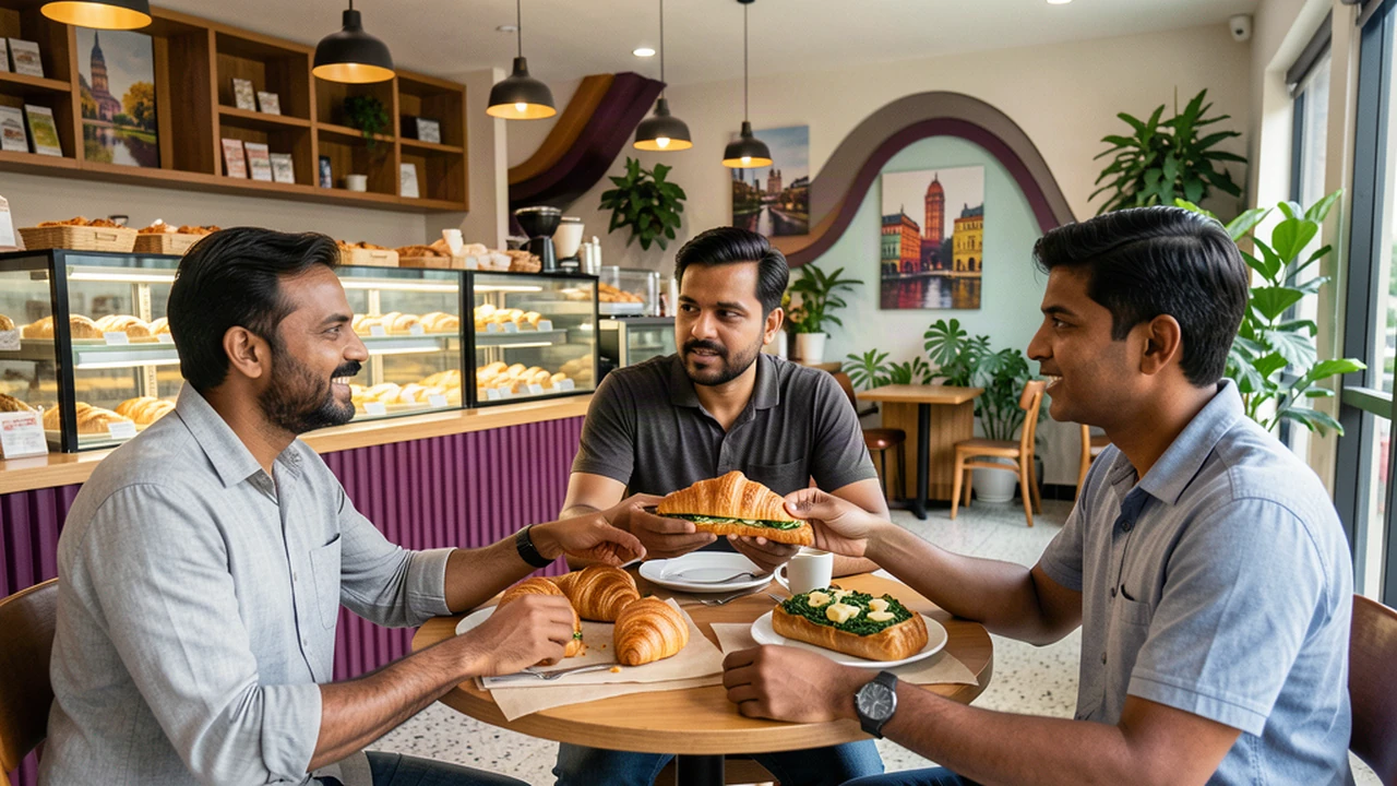 Indian customers sharing savory laminated bakes in a café concept