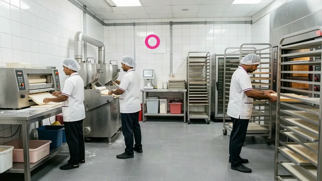 Tarlo commercial central bakery kitchen concept with ovens, mixers and tall racks