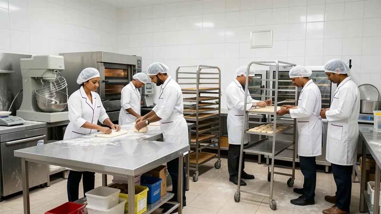 Indian specialist bakery team working in a commercial production kitchen concept