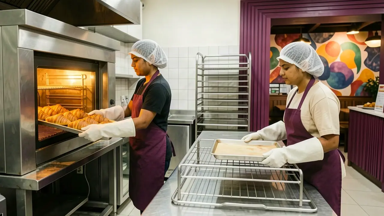 Indian bakery staff safely completing outlet bake-off in a commercial oven concept