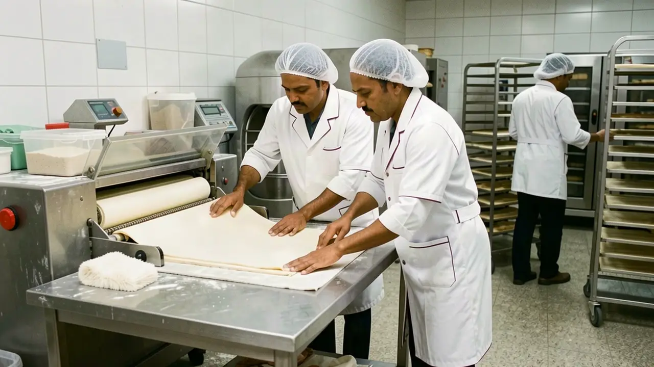 Indian bakery specialists operating a dough sheeter in central production concept