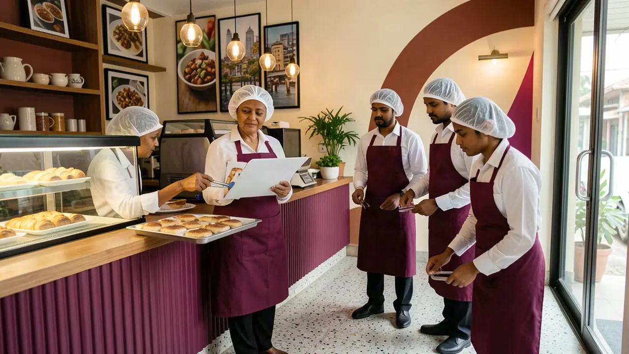 Indian trainer leading practical pastry merchandising training in an outlet concept