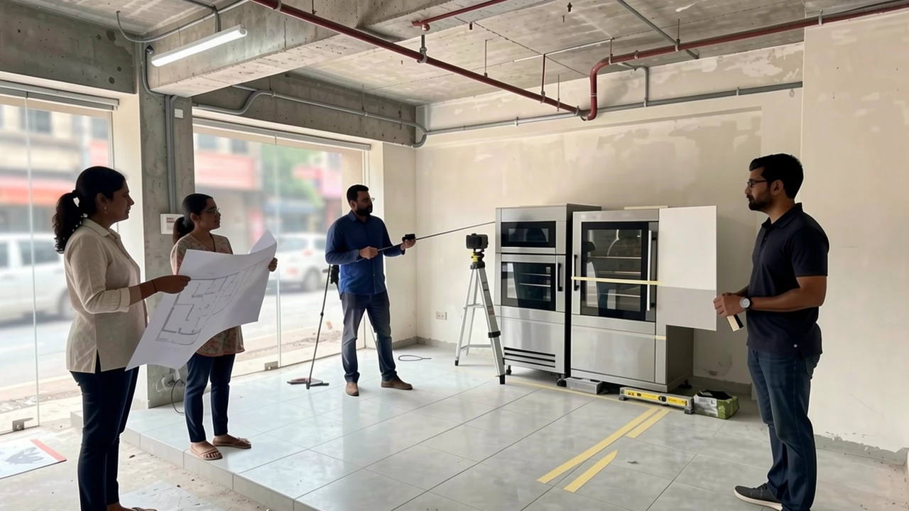 Indian team assessing a retail shell for bakery-café site planning concept