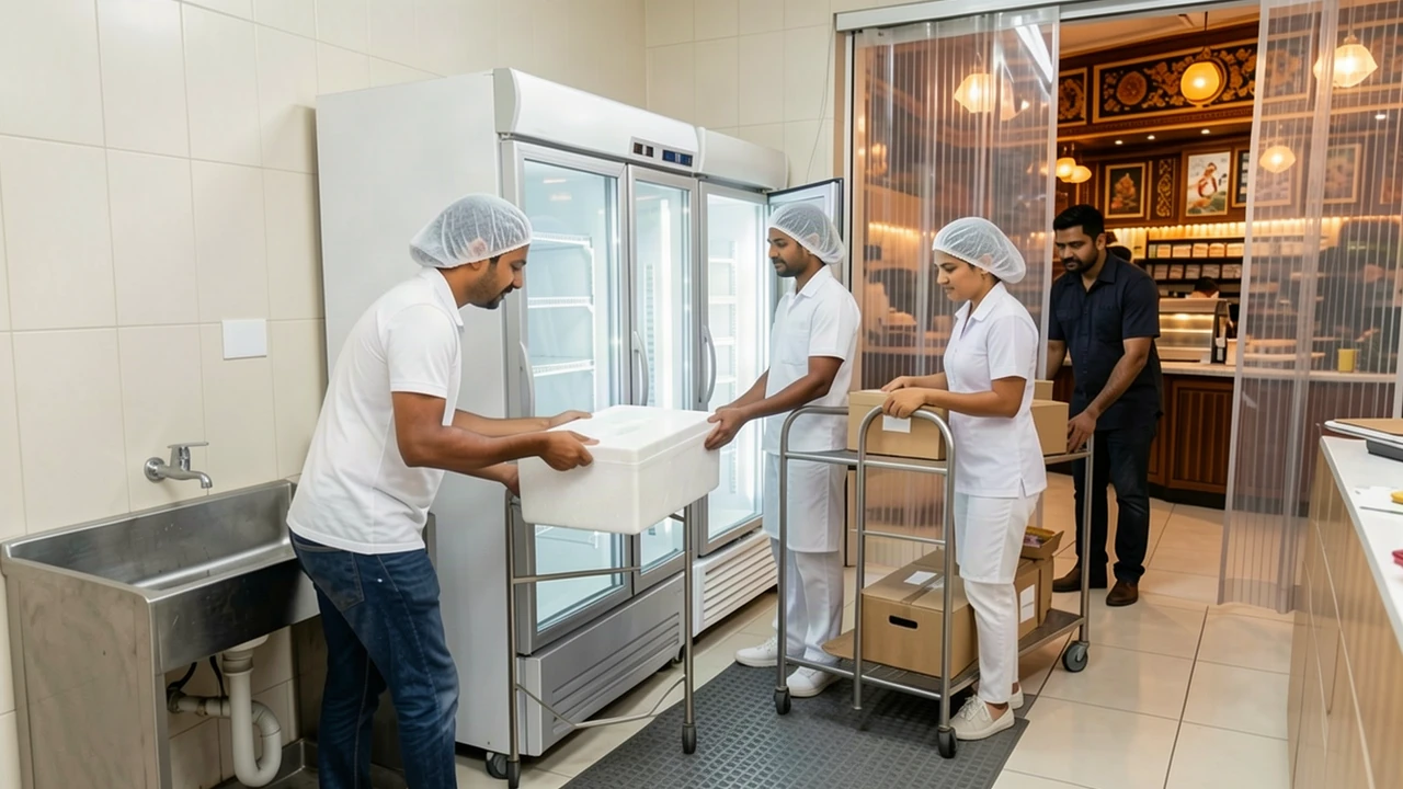 Indian café team receiving sealed bakery crates beside cold storage concept
