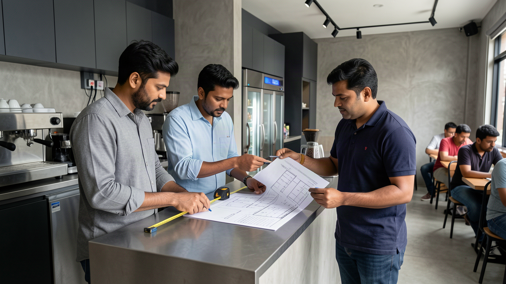 Cafe owner and operations team assessing an existing cafe site and equipment