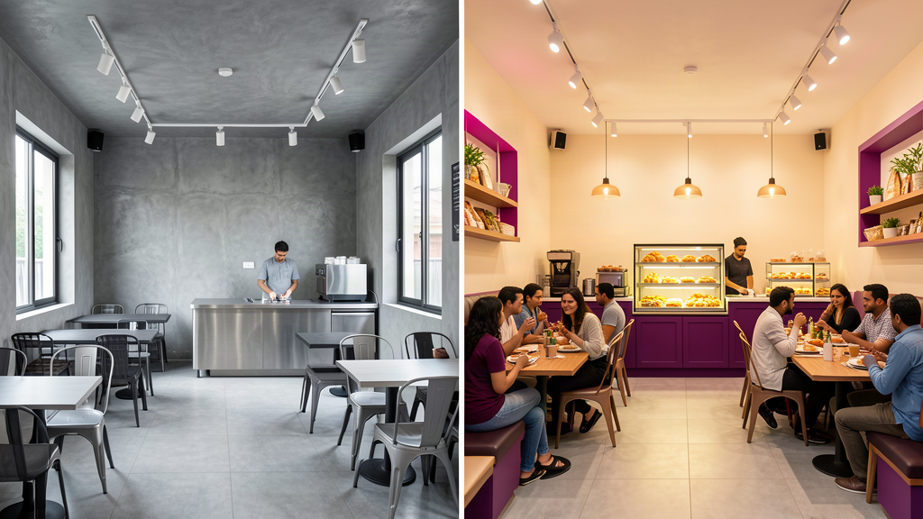 Existing neutral cafe compared with a busy Tarlo bakery-cafe conversion concept